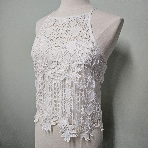 Rebellion Again Tops - Rebellion Lace Crochet Daisy Halter White Festival Embroidered Knit Tank NWT